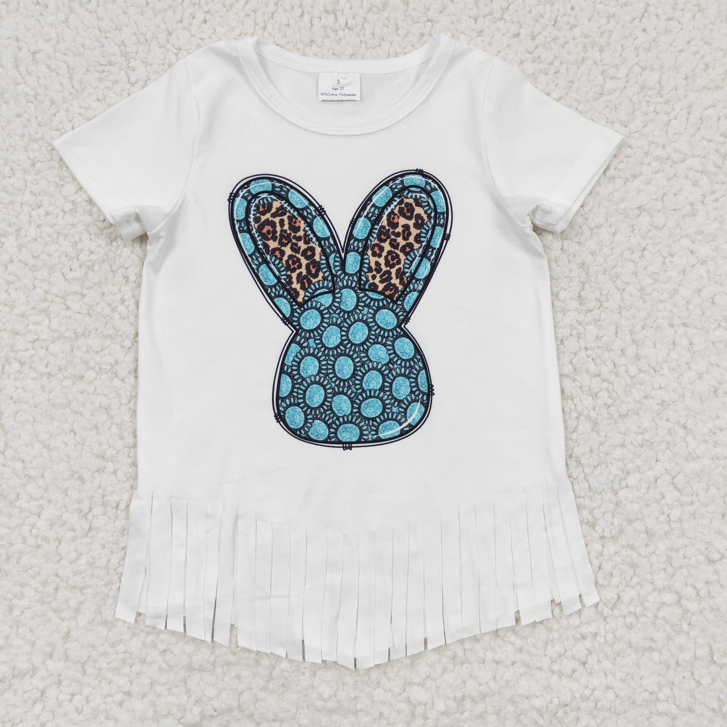 Girls turquoise bunny print tassels top GT0136
