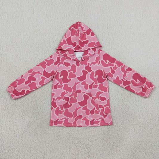 GT0866 Pink Camo Print Girls Pocket Hoodie Top