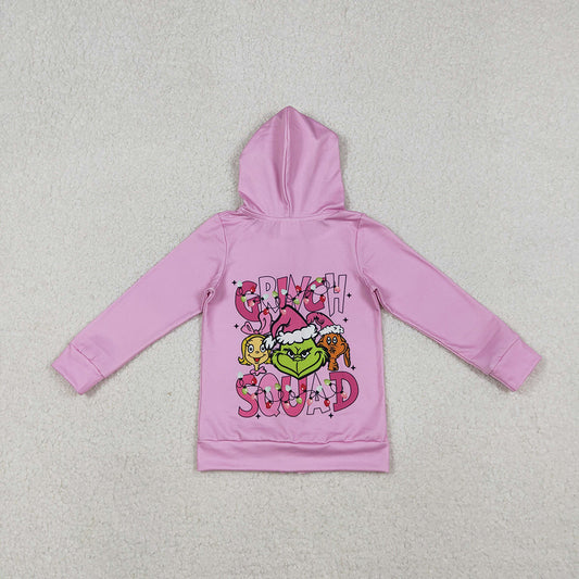 GT1142 Green Frog Pink Print Girls Christmas Zipper Pockets Hoodie Jackets Top