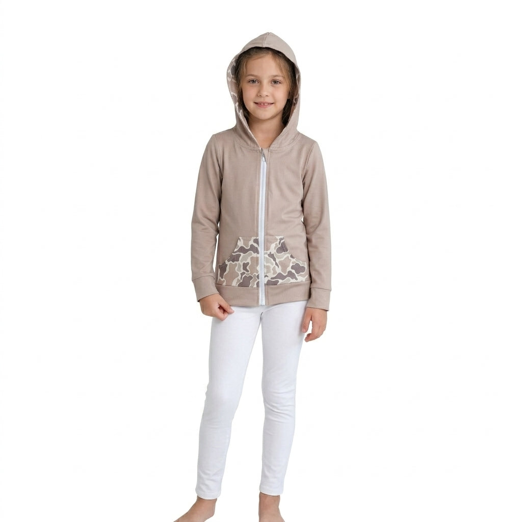 GT1144 Deer Camo Brown Print Boys Pockets Zipper Hoodie Jackets Top