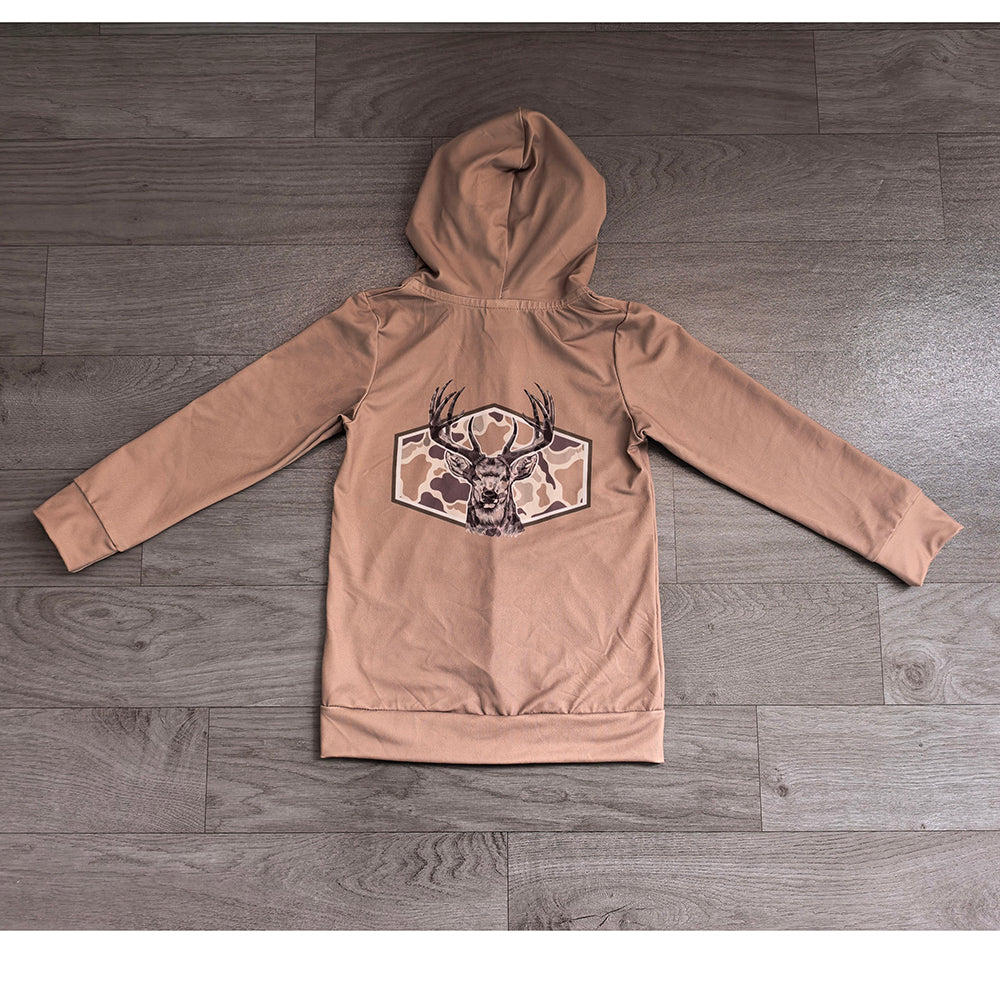 GT1144 Preorder Deer Camo Brown Print Boys Pockets Zipper Hoodie Jackets Top