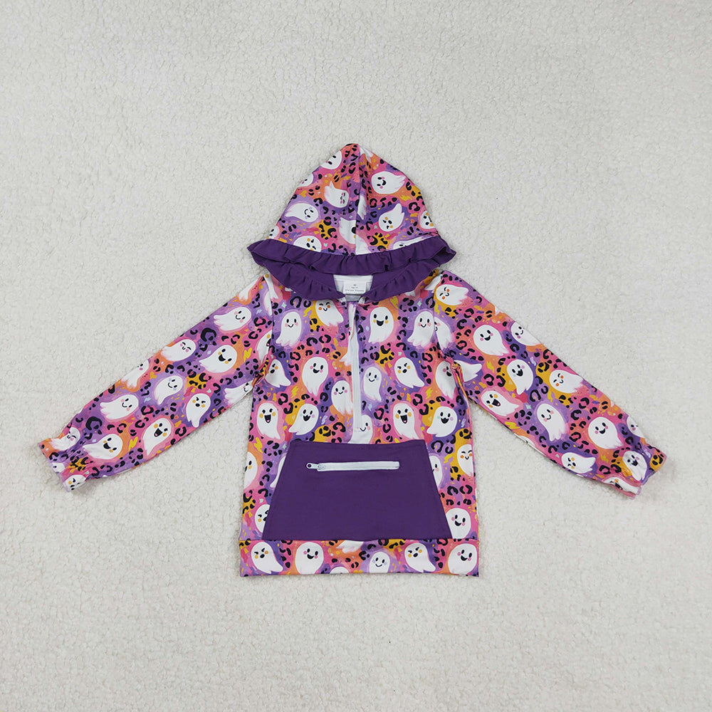 GT1155 Ghost Leopard Print Girls Halloween Zipper Pocket Hoodie Top