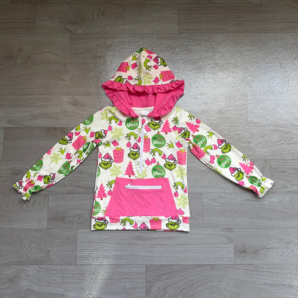 GT1164 Preorder Christmas Green Frog Pink Girls Long Sleeve Zipper Pocket Hoodie Top