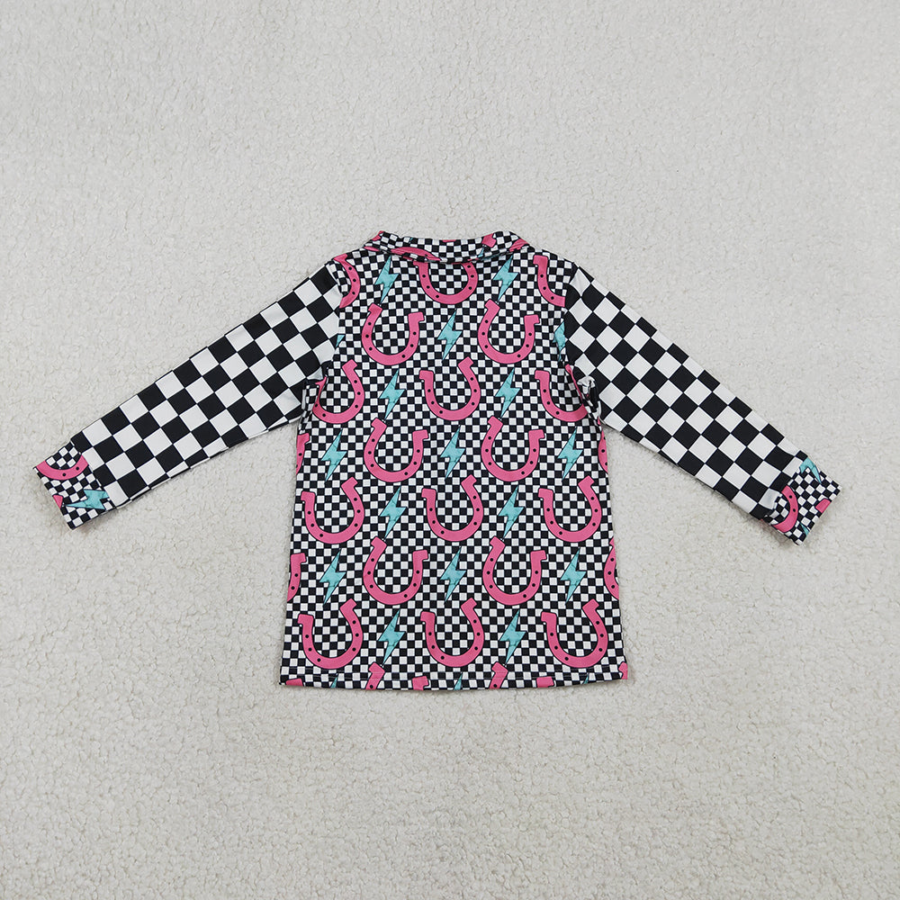 GT1509 Horse Shoes Plaid Print Girls Long Sleeve Button Tee Shirts Top