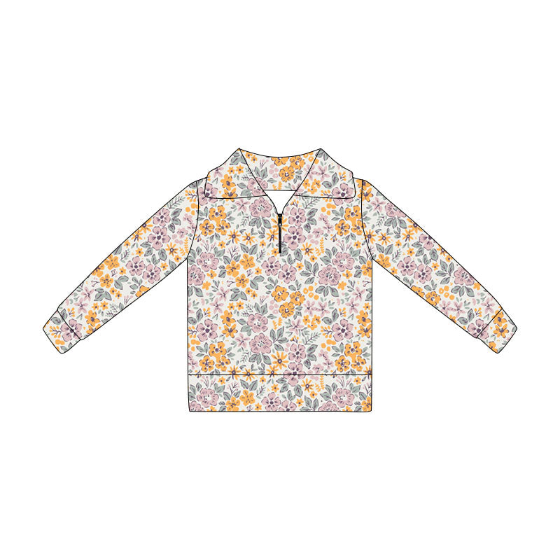 4.21 GT1649 Toddler Orange Pink Flowers Zipper Girls Long Sleeve Pullover Top Preorder