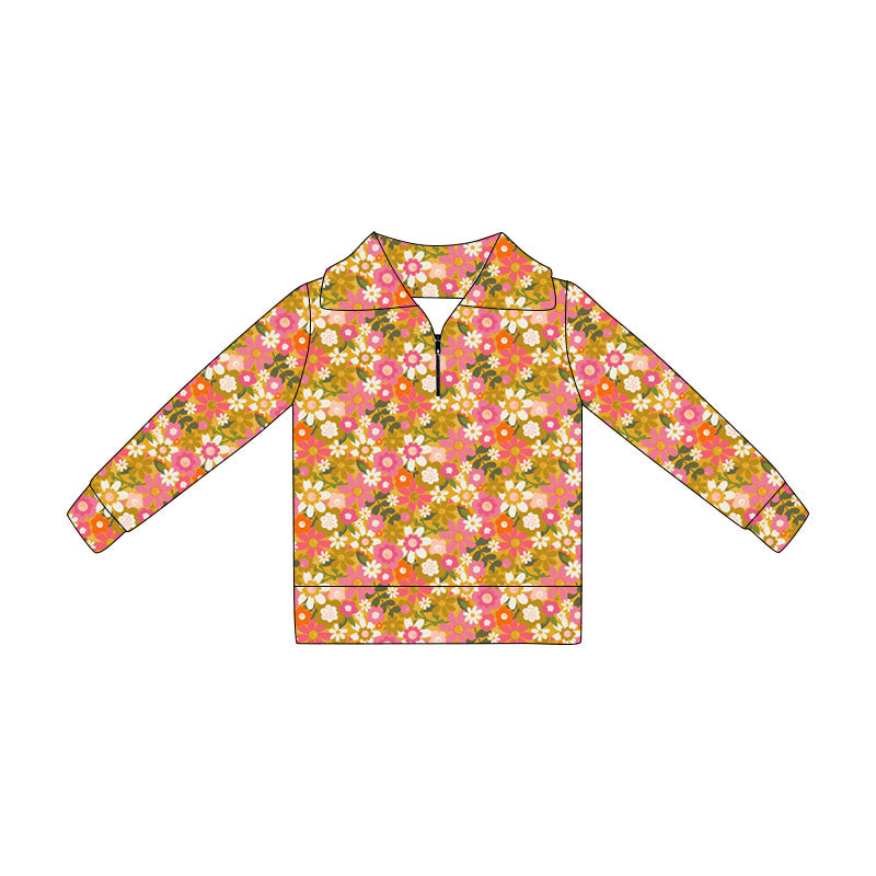 4.21 GT1651 Toddler Pink Flowers Zipper Girls Long Sleeve Pullover Top Preorder