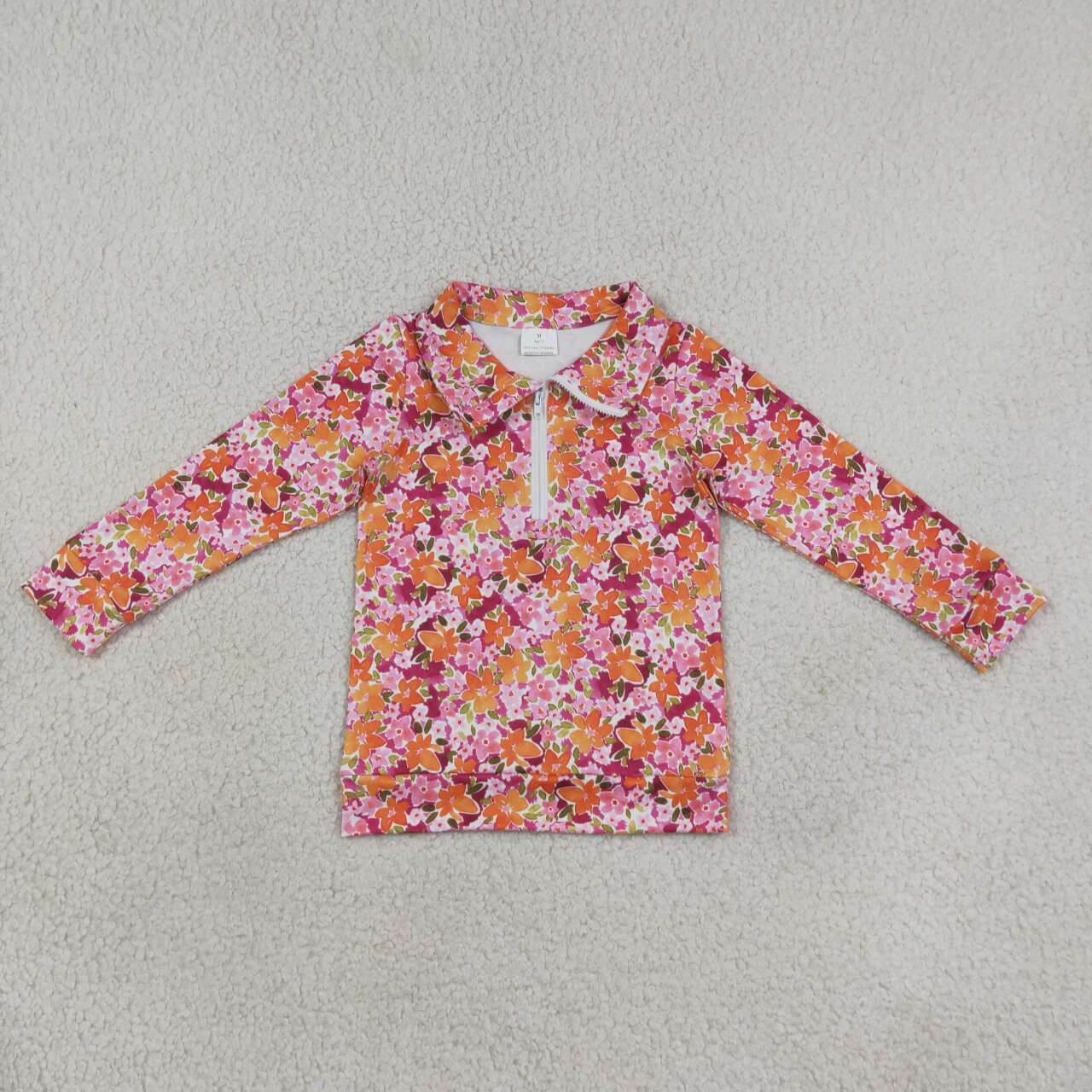 GT1652 Orange Pink Flowers Zipper Girls Long Sleeve Pullover Top