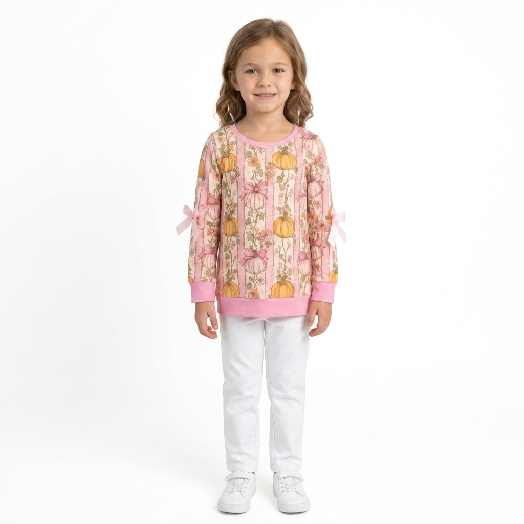 GT1659 Pumpkin Flowers Stripes Girls Fall Bows Tee Shirts Top