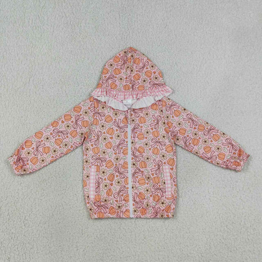 GT1661 Pumpkin Flowers Bows Print Girls Full Zipper Pockets Hoodie Jacket Top