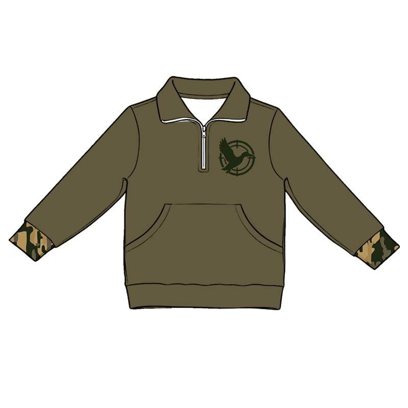5.1 Kids Girls Dark Olive Quarter-Zip Long Sleeve Pullover Top With Pocket Preorder