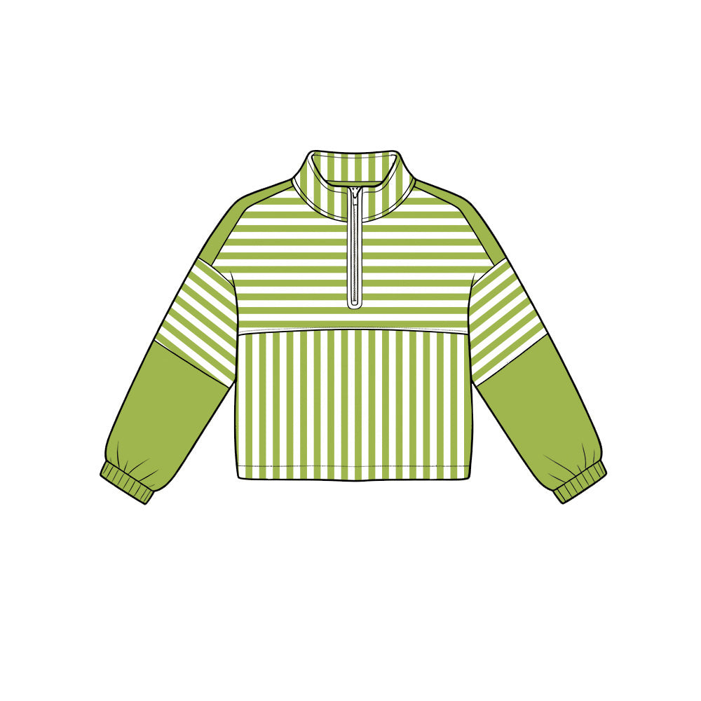 6.19 GT1718 Preorder Green Stripes Print Girls Long Sleeve Zipper Pullover Yoga Top