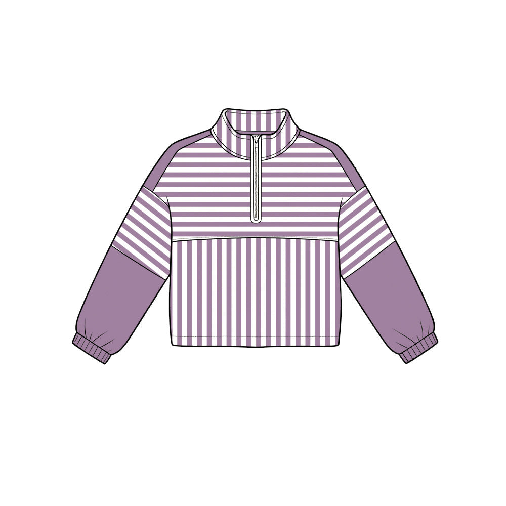 6.19 GT1719 Preorder Purple Stripes Print Girls Long Sleeve Zipper Pullover Yoga Top