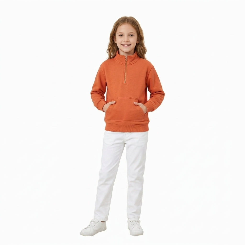 GT1765 Orange Cotton Kids Long Sleeve Zipper Pullover Sweatshirt Top