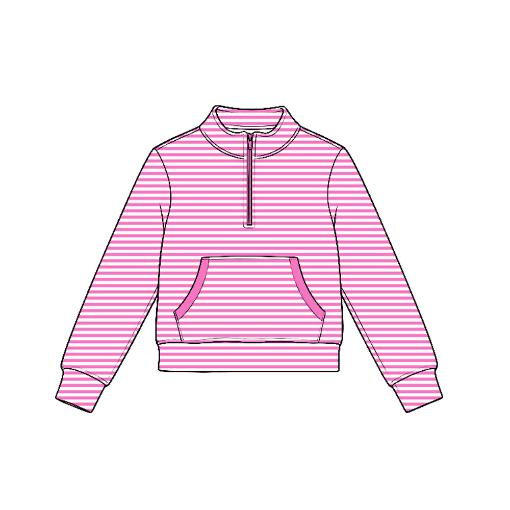 7.21 GT1783 Preorder Pink Stripes Girls Long Sleeve Zipper Pocket Yoga Pullover Top