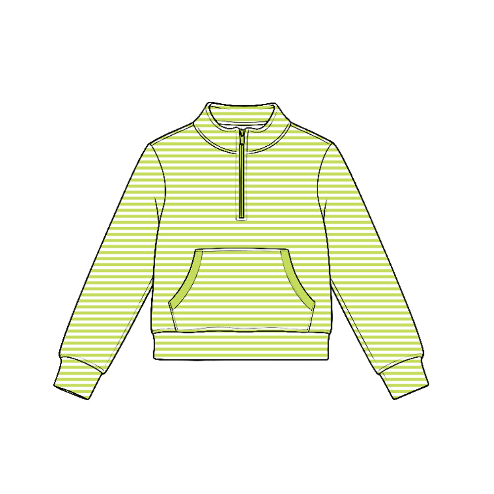 7.21 GT1784 Preorder Green Stripes Girls Long Sleeve Zipper Pocket Yoga Pullover Top