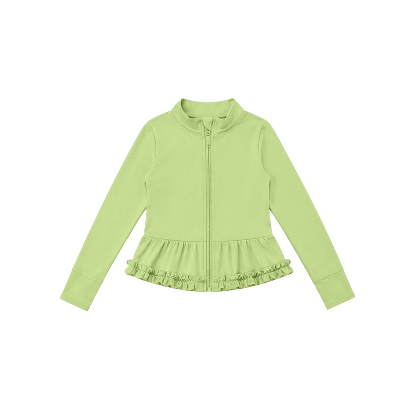 7.21 GT1788 Preorder Green Color Girls Long Sleeve Zipper Ruffle Yoga Jacket Top