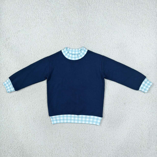 GT1801 Navy With Light Blue Gingham Plaid Trim Girls Long Sleeve Sweatshirt Tops