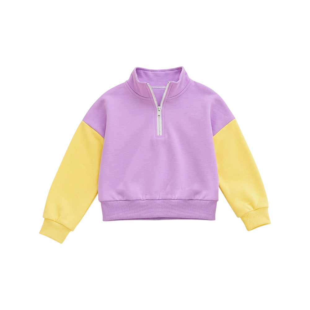 8.1 Preorder Kids Girls Purple Yellow Color Block Half Zip Pullover