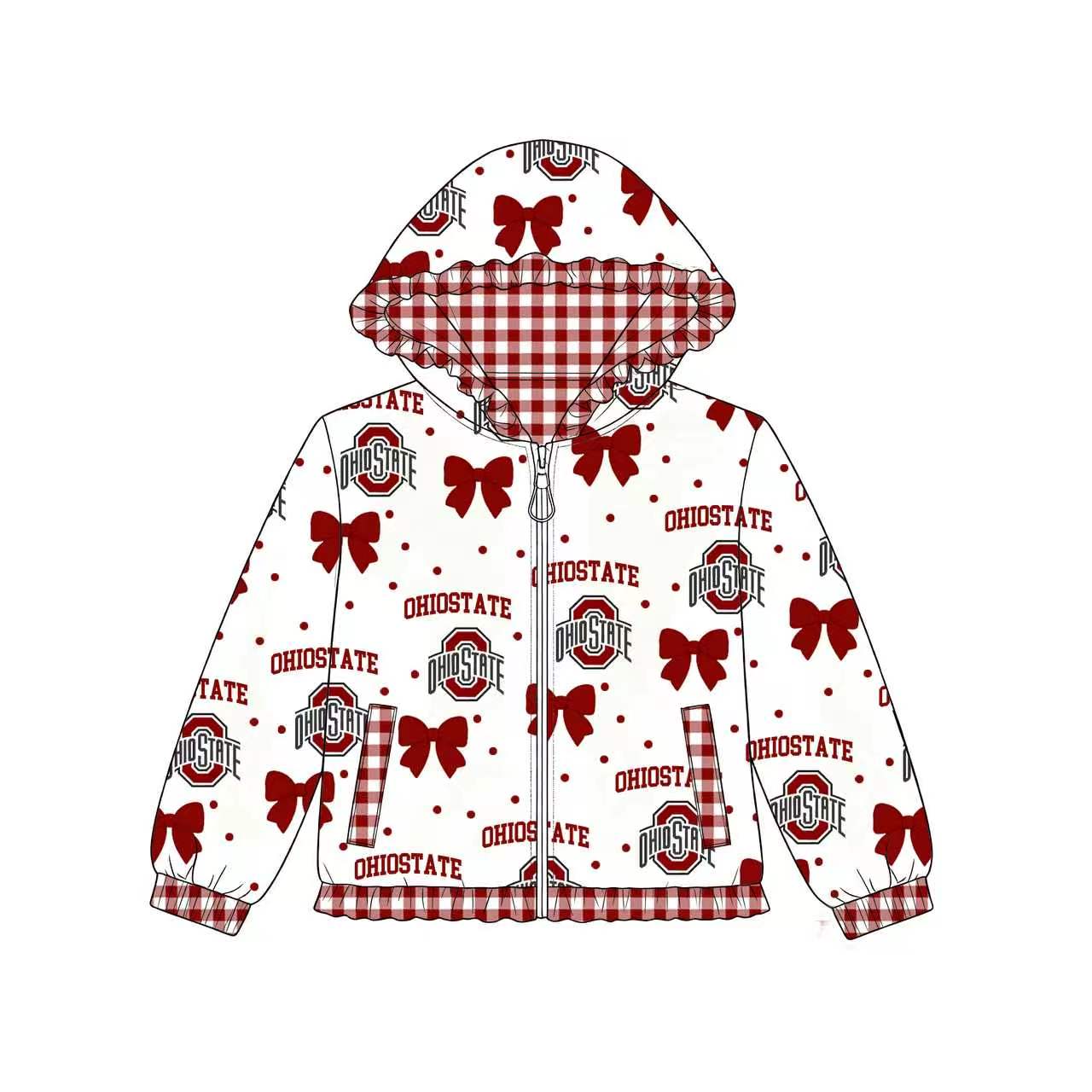 8.10 GT1833 Preorder Team OHIO STATE Bow Checkered Print Girls Long Sleeve Zipper Pockets Hoodie Jacket Top