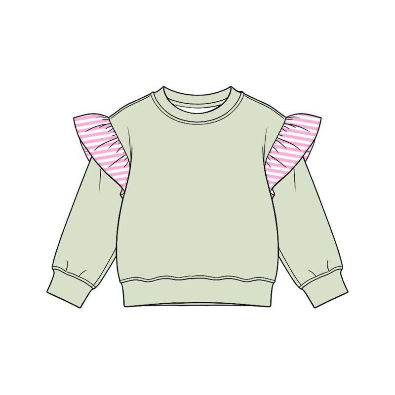 8.15 Preorder Kids Girls Pink Striped Flutter Long Sleeve Light Green Top