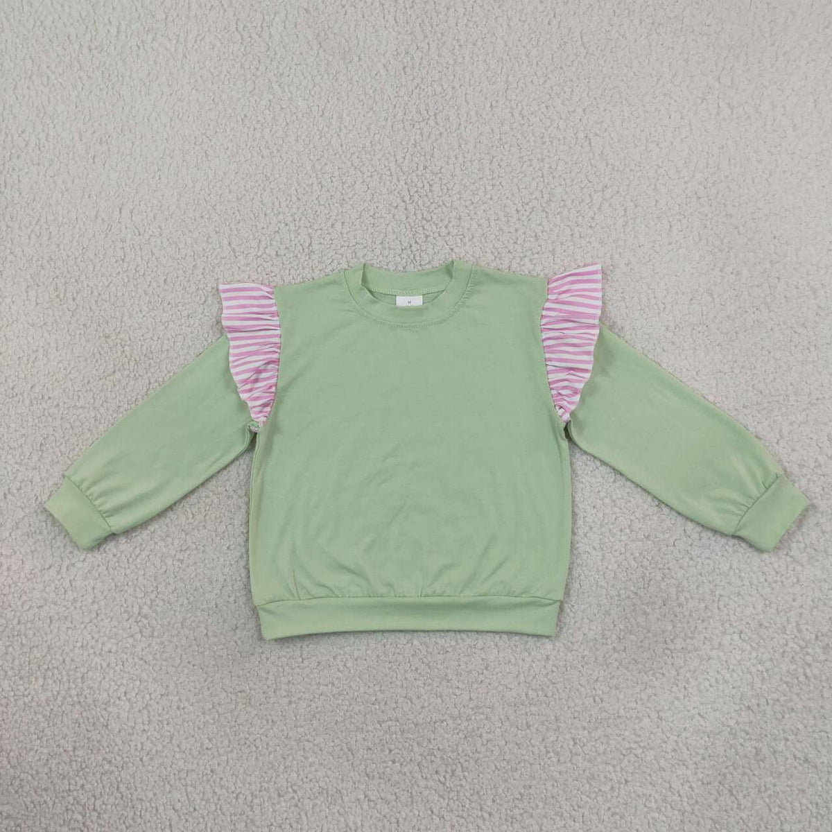 GT1847 Girls Green Striped Flutter Sleeve Sweatshirt Tops