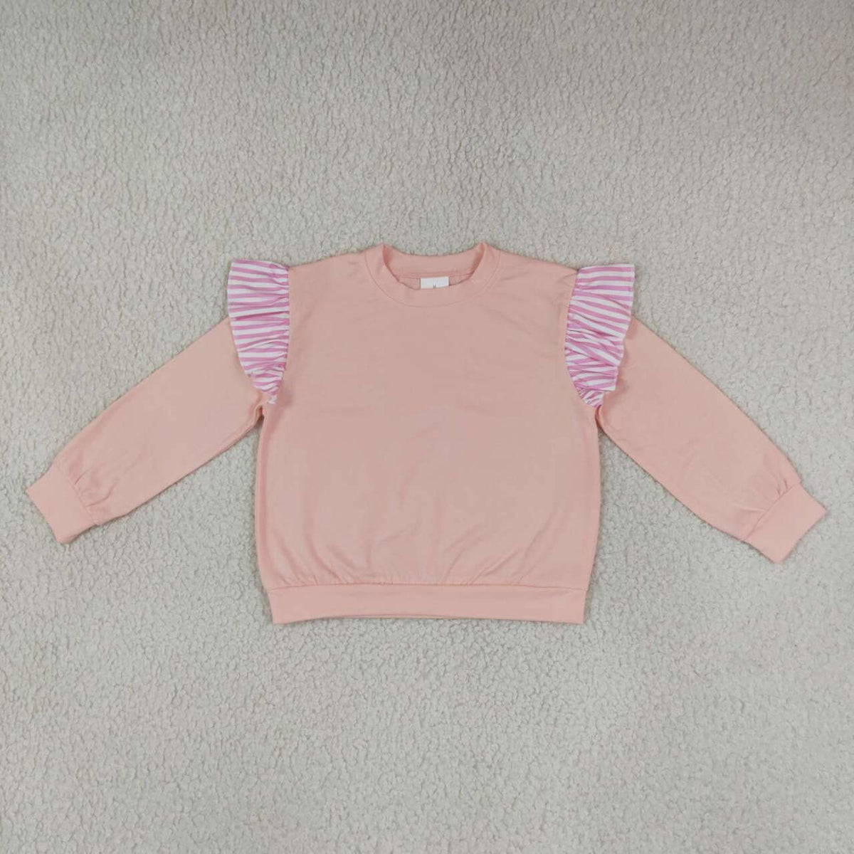 GT1849 Girls Pink Striped Flutter Long Sleeve Light Pink Top