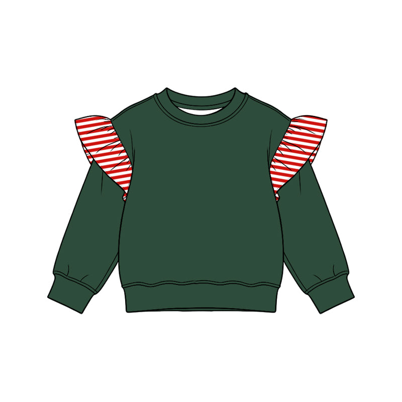 8.15 Preorder Kids Girls Red Striped Flutter Long Sleeve Green Top
