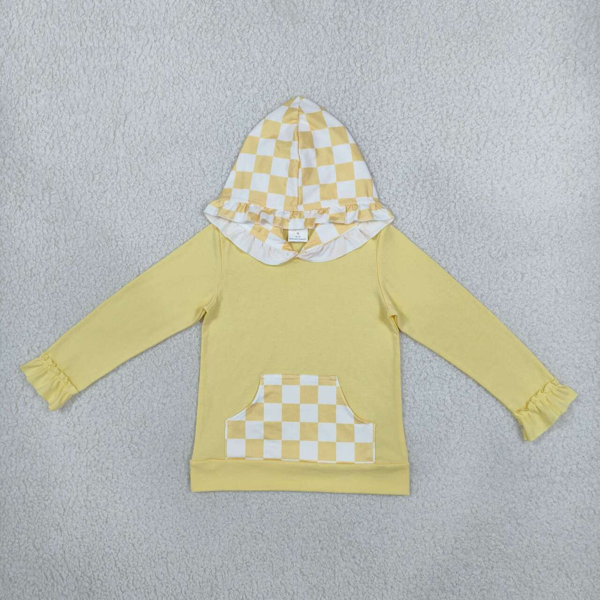GT1853 Girls Yellow Checkered Pocket Hoodie Top