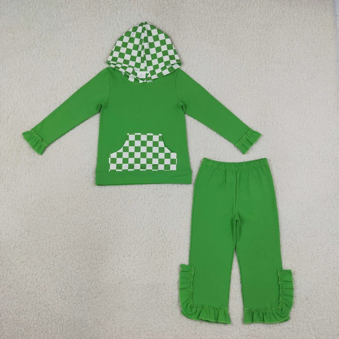 Sibling Kids Girls Solid Cotton Long Sleeve Checked Pocket Hoodie Ruffle Pants Outfit
