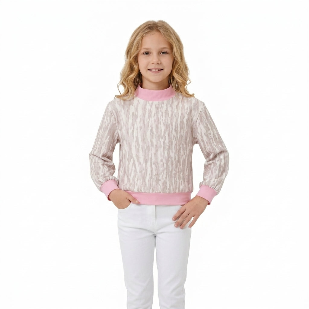 GT1889 Pink Trim Camo Active Girls Long Sleeve Mock Neck Sweatshirt Yoga Top