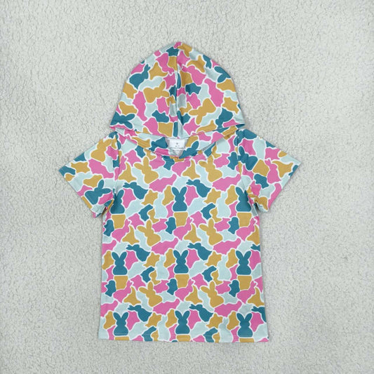 GT1919 Bunny Colorful Camo Print Girls Easter Hoodie Short Sleeve Top