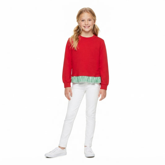 GT1935 Girls Red Long Sleeve Top with Green Striped Ruffle