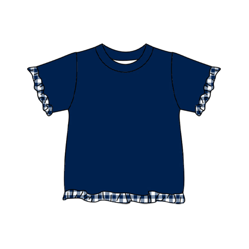 10.16 GT1974 Preorder Kids Girls Navy Short Sleeve Top with Gingham Tirm