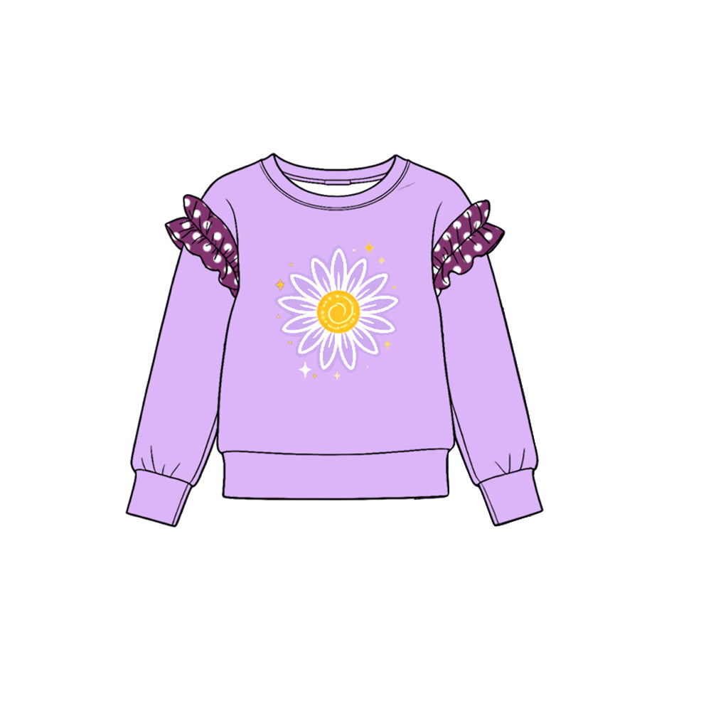 10.22 GT2004 Preorder Daisy Print Dot Ruffle Flutter Sleeve Girls Lavender Tee Shirts Top