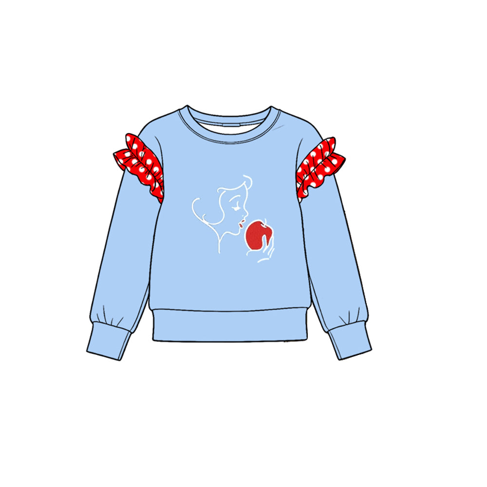 10.22 GT2005 Preorder Princess Apple Print Dot Ruffle Flutter Sleeve Girls Blue Tee Shirts Top