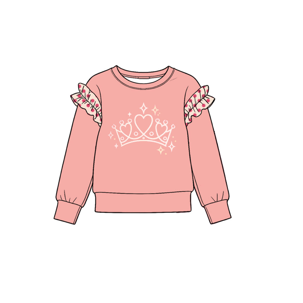 10.22 GT2006 Preorder Crown Print Dot Ruffle Flutter Sleeve Girls Pink Tee Shirts Top