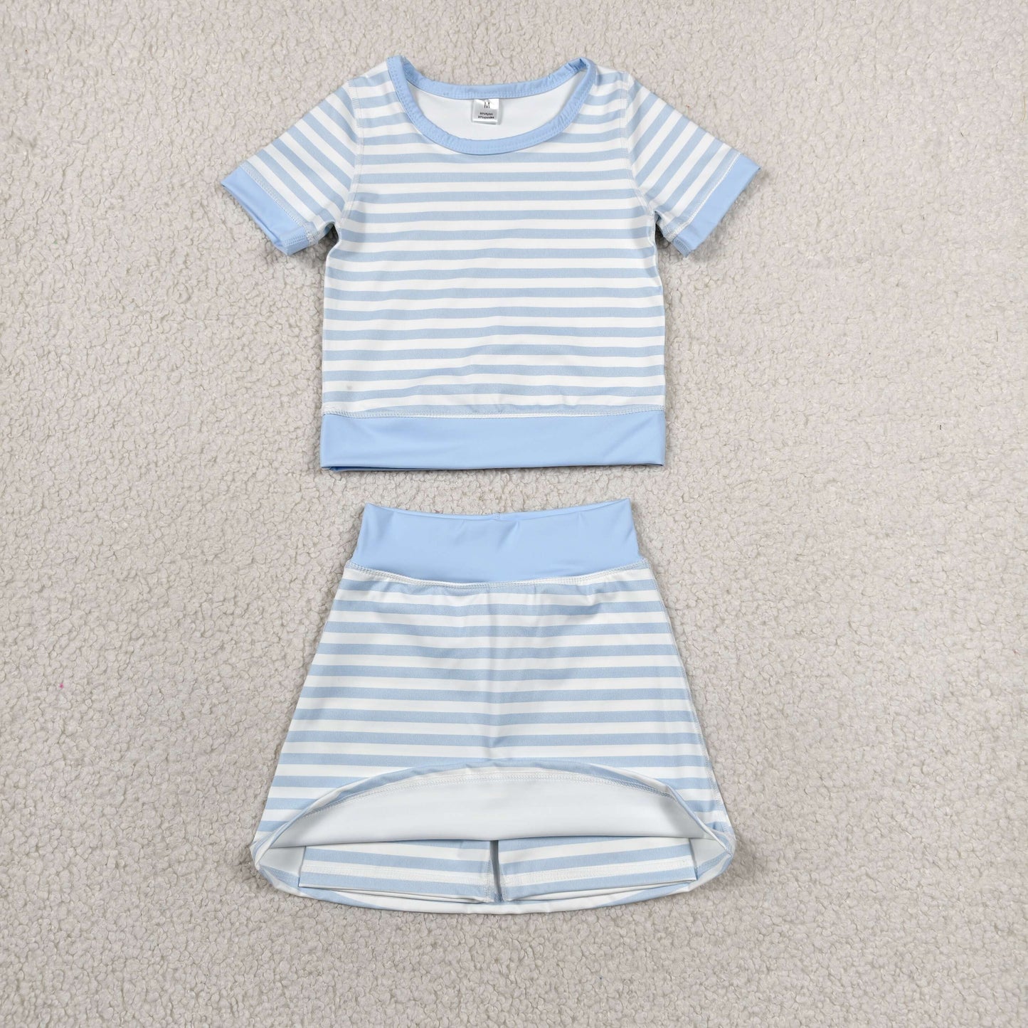 Kids Girtls Blue Stiped Active Outfit Short Sleeve & Skort