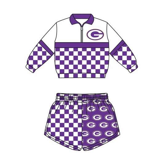 (Custom Design Preorder MOQ 5) Teams Gurdon Long Sleeve Zipper Top Purple Checkerd Shorts Mommy and Me Outfits