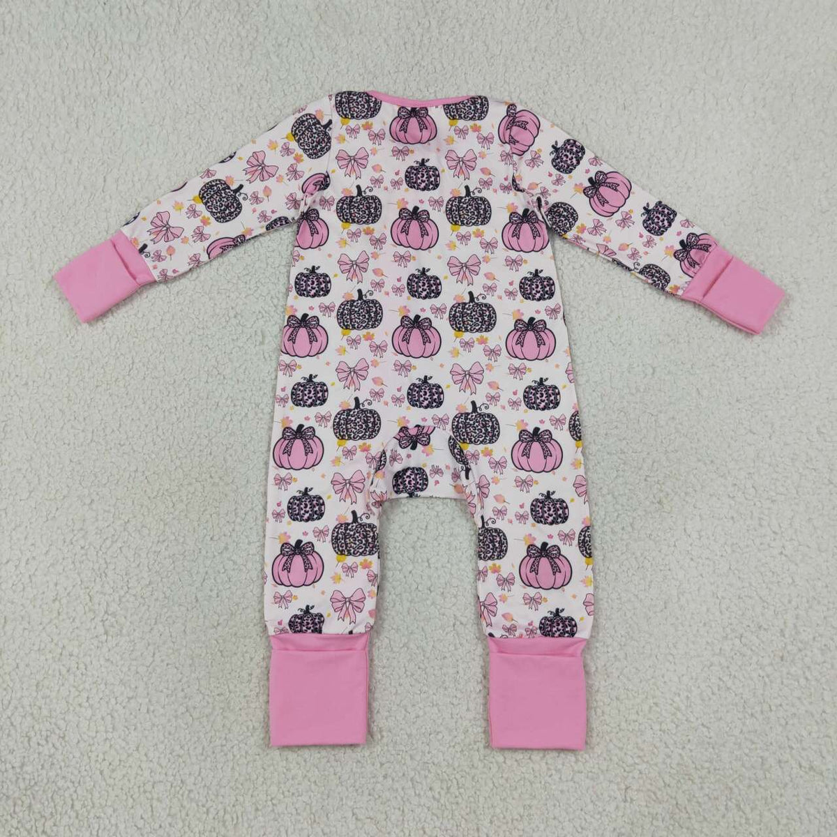 LR3061 Pumpkin Bows Leopard Pink Baby Girls Fall Ruffle Zipper Sleeper Romper