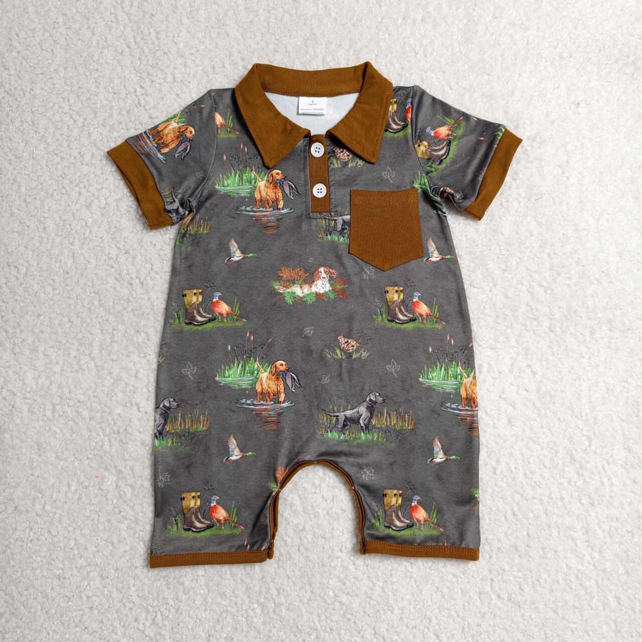 SR4162 Baby Boys Hunting Dog Duck Short Sleeve Button Polo Romper