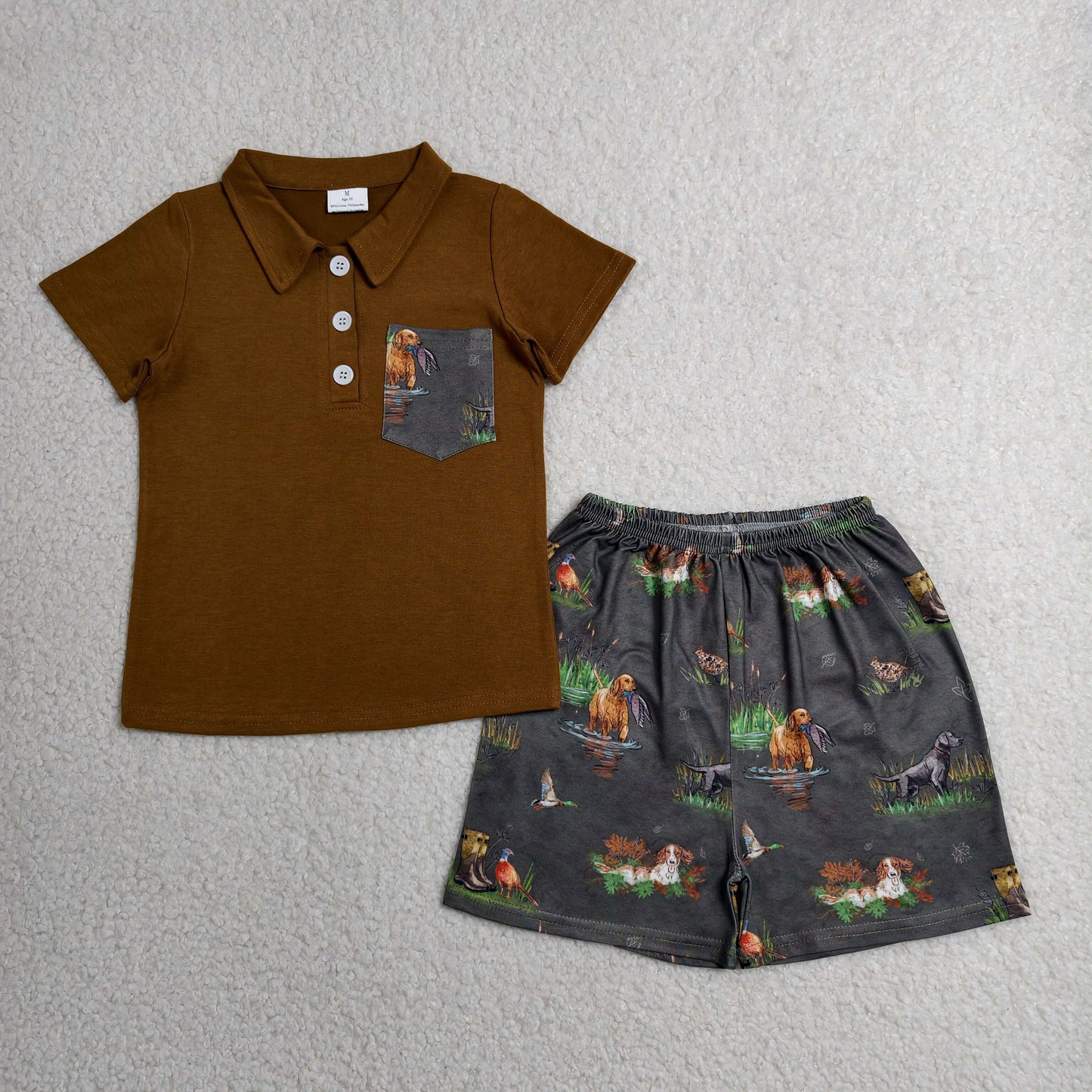 BSSO2014 Toddler Boys Brown Polo Shirt & Hunting Print Shorts Set