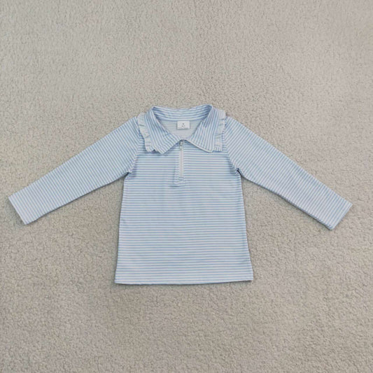 GT1755 Blue Striped Girls Zipper Long Sleeve Pullover Top