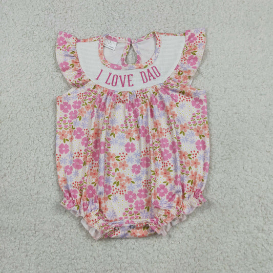 SR4142 I LOVE DAD Embroidery Pink Flowers Print Baby Girls Summer Smocked Romper