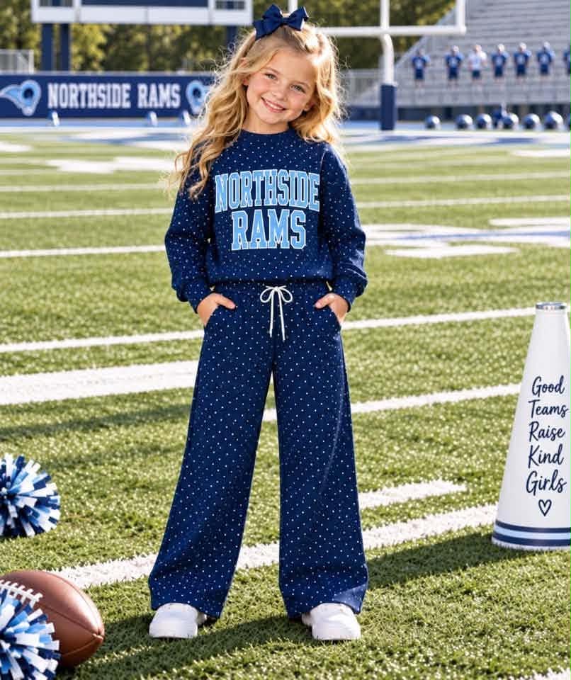 Preorder( 5 MOQ) Baby Girls Sport Team Northside Rams Navy Polka Dot Outfit