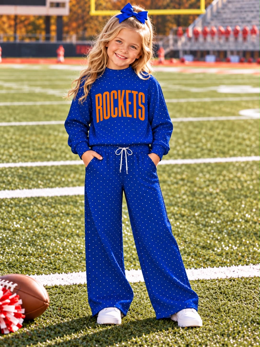 Preorder( 5 MOQ) Baby Girls Sport Team Rockets Blue Polka Dot Outfit