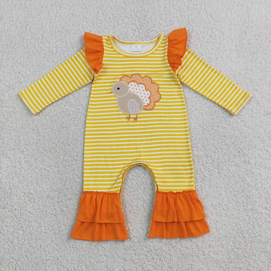 LR3144 Turkey Embroidery Stripes Print Baby Girls Thanksgiving Ruffle Romper