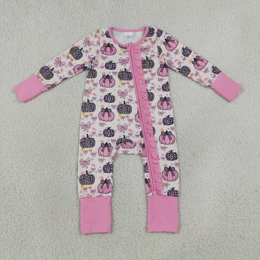 LR3061 Pumpkin Bows Leopard Pink Baby Girls Fall Ruffle Zipper Sleeper Romper