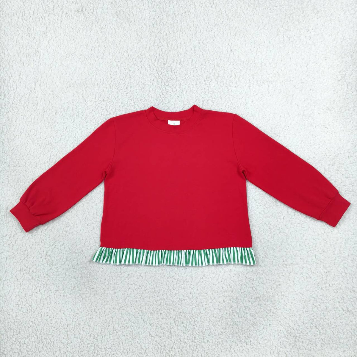 Kids Girls Red Long Sleeve Top with Green Striped Ruffle