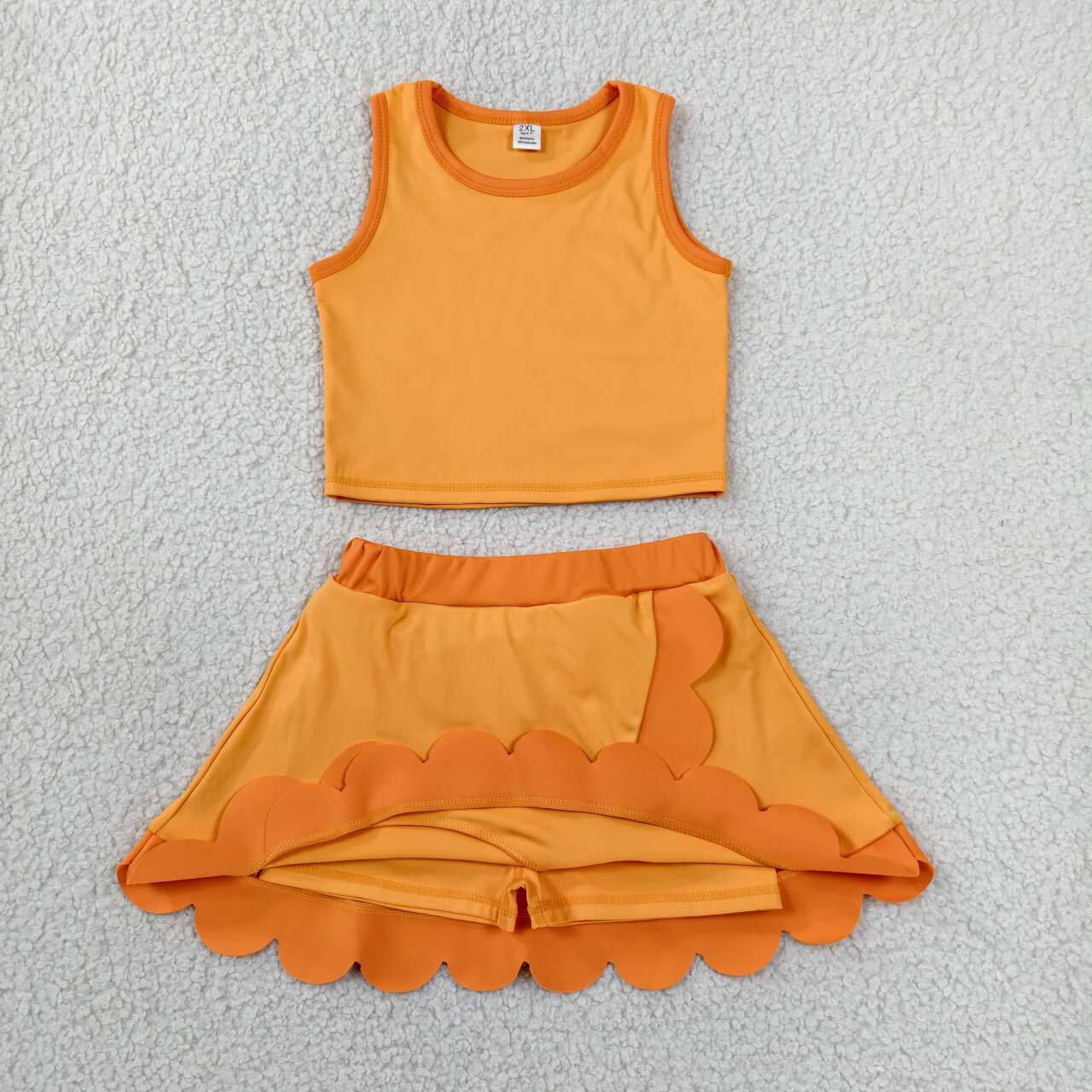 GSD4081 Orange Sleeveless Tank Top Scallop Edge Skort Girls Summer Yoga Clothes Set