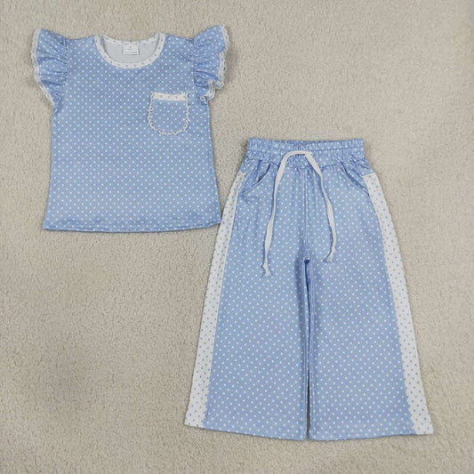 GSPO2331 Blue Polka Dots Flutter Sleeve Top Straight Pockets Pants Girls Clothes Set